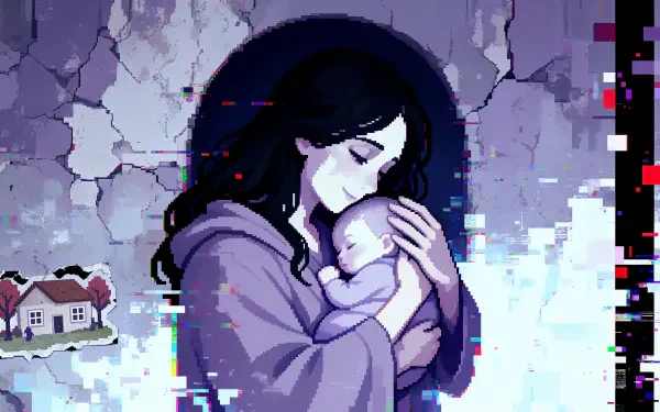 Anime mother holding her baby against a cracked, glitching wall, 4K Ultra HD PC desktop wallpaper and background.
