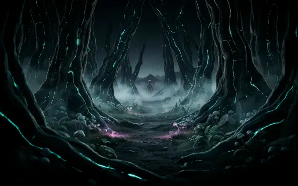 4K Ultra HD haunted forest wallpaper with eerie fog drifting between twisted trees on a dark woodland path.