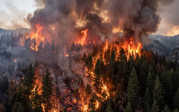 A dramatic wildfire engulfs a mountain forest, sending thick smoke above blazing trees in this 5K Ultra HD desktop wallpaper.