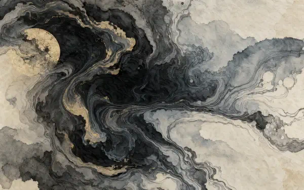Abstract black, gray, and cream marble texture with flowing swirls, 4K Ultra HD PC desktop wallpaper background.