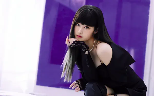 TWICE and MiSaMo’s Sana, K-pop singer and Japanese model, in a black outfit against purple—5K Ultra HD PC desktop wallpaper.