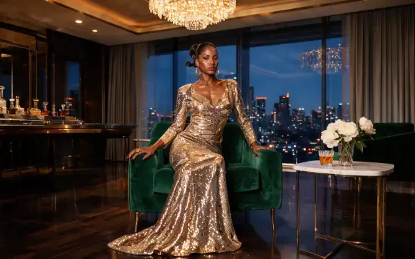 Glamorous woman in a gold evening gown lounges in a luxurious city-view bar, 4K Ultra HD PC desktop wallpaper and background.