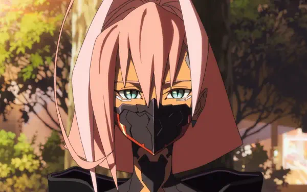Talia Yang from Cyberpunk: Edgerunners 2 in an anime HD PC desktop wallpaper, wearing a black mask beneath autumn trees.