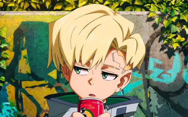 Roman Carax from Cyberpunk: Edgerunners 2 sipping a drink before a graffiti-covered wall, anime 5K Ultra HD PC desktop wallpaper and background.