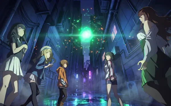 Toaru Anbu no ITEM 5K Ultra HD desktop wallpaper featuring Shizuri Mugino and anime girls in a neon-lit city alley.