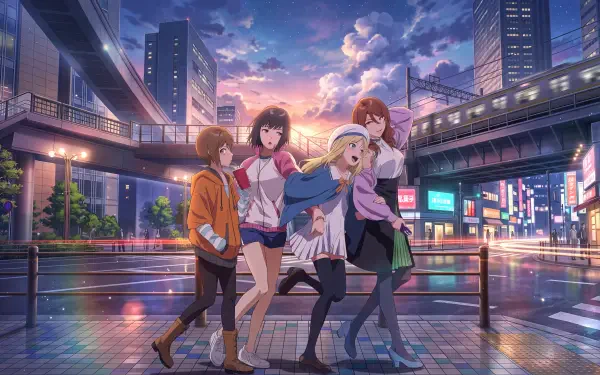 Toaru Anbu no ITEM 5K Ultra HD desktop wallpaper featuring Shizuri Mugino and anime girls walking through a neon-lit city at dusk.