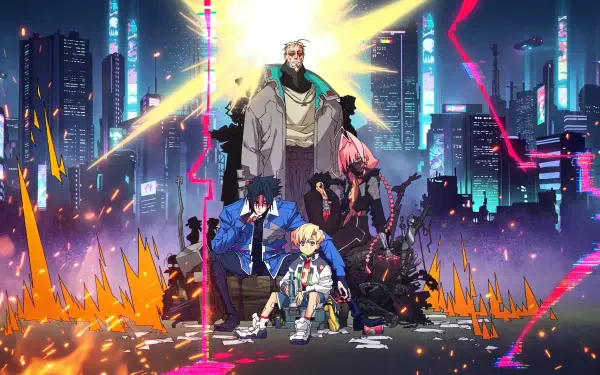 Cyberpunk: Edgerunners 2 anime group in a neon-lit city, 5K Ultra HD PC desktop wallpaper and background.