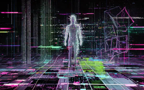 Cyberpunk hologram in a digital glitch virtual reality landscape, 4K Ultra HD PC desktop wallpaper and background.