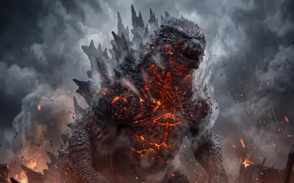 Godzilla Minus Zero rises amid smoke and fiery debris in this 5K Ultra HD PC desktop wallpaper background.