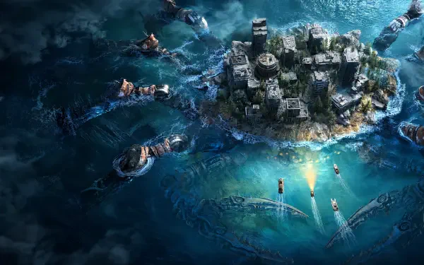 Once Human 4K Ultra HD PC desktop wallpaper showing divers exploring underwater ruins beneath a deep blue ocean.