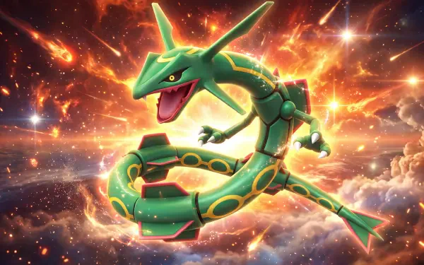 Rayquaza, the green Pokémon dragon, soaring through a fiery cosmic sky in a 5K Ultra HD PC desktop wallpaper.
