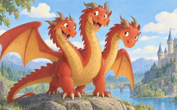 Three-headed orange dragon on a rocky cliff near a fairytale castle, 4K Ultra HD PC desktop wallpaper background.