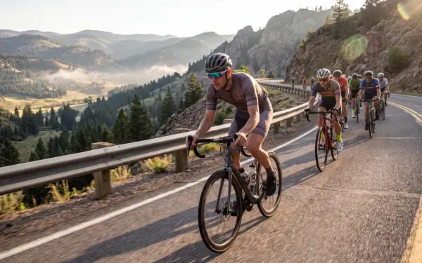 Cyclists riding road bikes along a scenic mountain road, featured in a 5K Ultra HD PC desktop wallpaper and background.