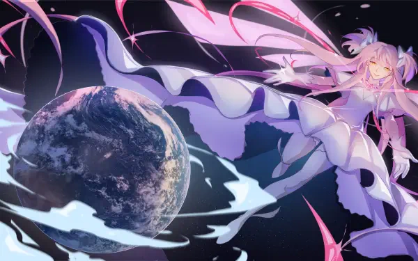 Madoka Kaname floats above Earth in a flowing magical-girl outfit, featured in a 4K Ultra HD anime desktop wallpaper.
