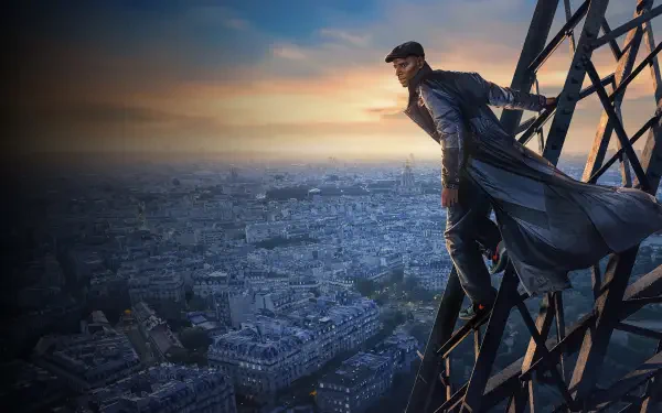 Lupin (2021) 4K Ultra HD PC desktop wallpaper showing a man in a dark coat perched on a steel structure above Paris at sunset.