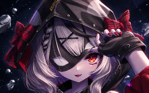 4K anime wallpaper of hololive VTuber Sakamata Chloe with silver hair, an eyepatch, and a black hood against a starry background.