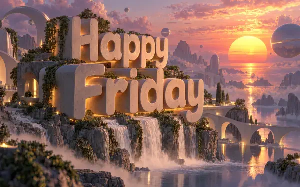 Happy Friday lettering above cascading waterfalls at sunset, with bridges and a glowing sky—4K Ultra HD PC desktop wallpaper and background.