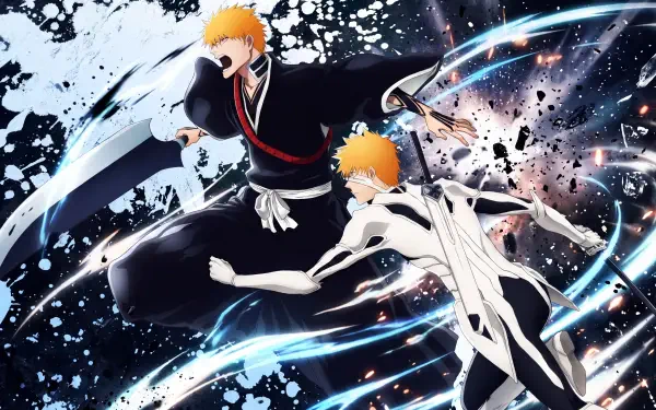 Ichigo Kurosaki in dual forms amid a dramatic battle scene from Bleach: Thousand-Year Blood War, 5K Ultra HD anime desktop wallpaper.