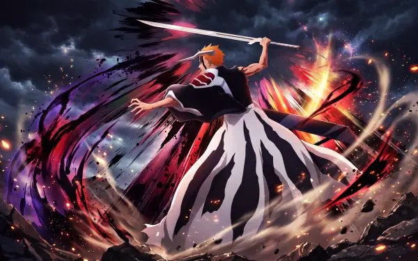 Ichigo Kurosaki swings his sword amid fiery energy and storm clouds in this Bleach: Thousand-Year Blood War 5K Ultra HD desktop wallpaper.