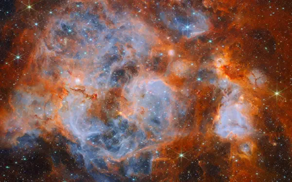 James Webb Space Telescope view of a glowing Large Magellanic Cloud nebula, 8K Ultra HD desktop wallpaper background.