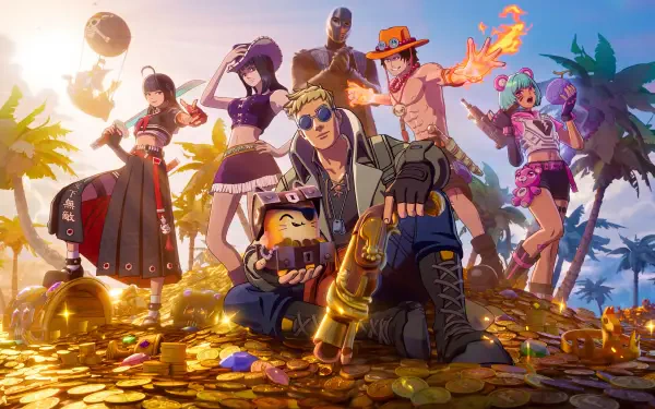 Fortnite game characters, including Portgas D. Ace, pose amid golden treasure in this 5K Ultra HD PC desktop wallpaper.