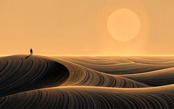 4K Ultra HD desktop wallpaper of a lone figure atop rippled desert sand dunes beneath a glowing sunset.