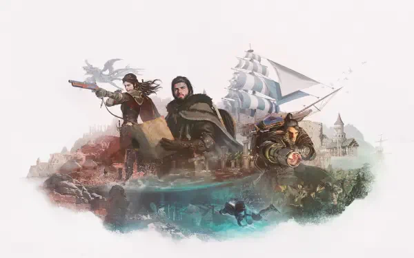 Crimson Desert HD PC desktop wallpaper featuring Kliff, pirates, and a sailing ship in a dramatic fantasy scene.