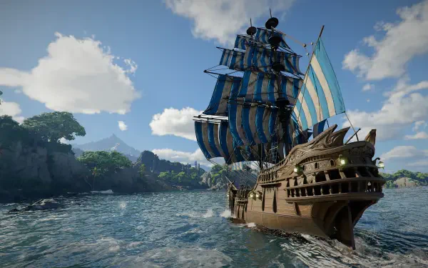 Crimson Desert 5K Ultra HD PC wallpaper of a detailed sailing ship crossing blue waters beneath a bright, cloud-filled sky.