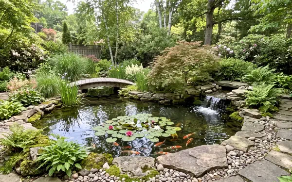 Lush garden pond with water lilies, koi, a stone bridge, and a cascading waterfall, in 5K Ultra HD PC desktop wallpaper and background.
