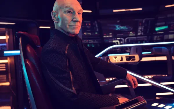 Jean-Luc Picard, played by Patrick Stewart, on the Star Trek: Picard bridge in a 2K Quad HD PC desktop wallpaper.