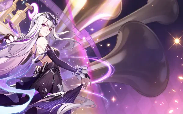 Aha from Honkai: Star Rail conjures glowing purple magic in this 5K Ultra HD anime girl PC desktop wallpaper and background.