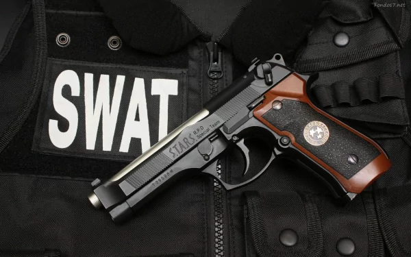 An HD desktop wallpaper featuring a close-up of a SWAT vest with a handgun, inspired by the intense atmosphere of the Resident Evil video game series.
