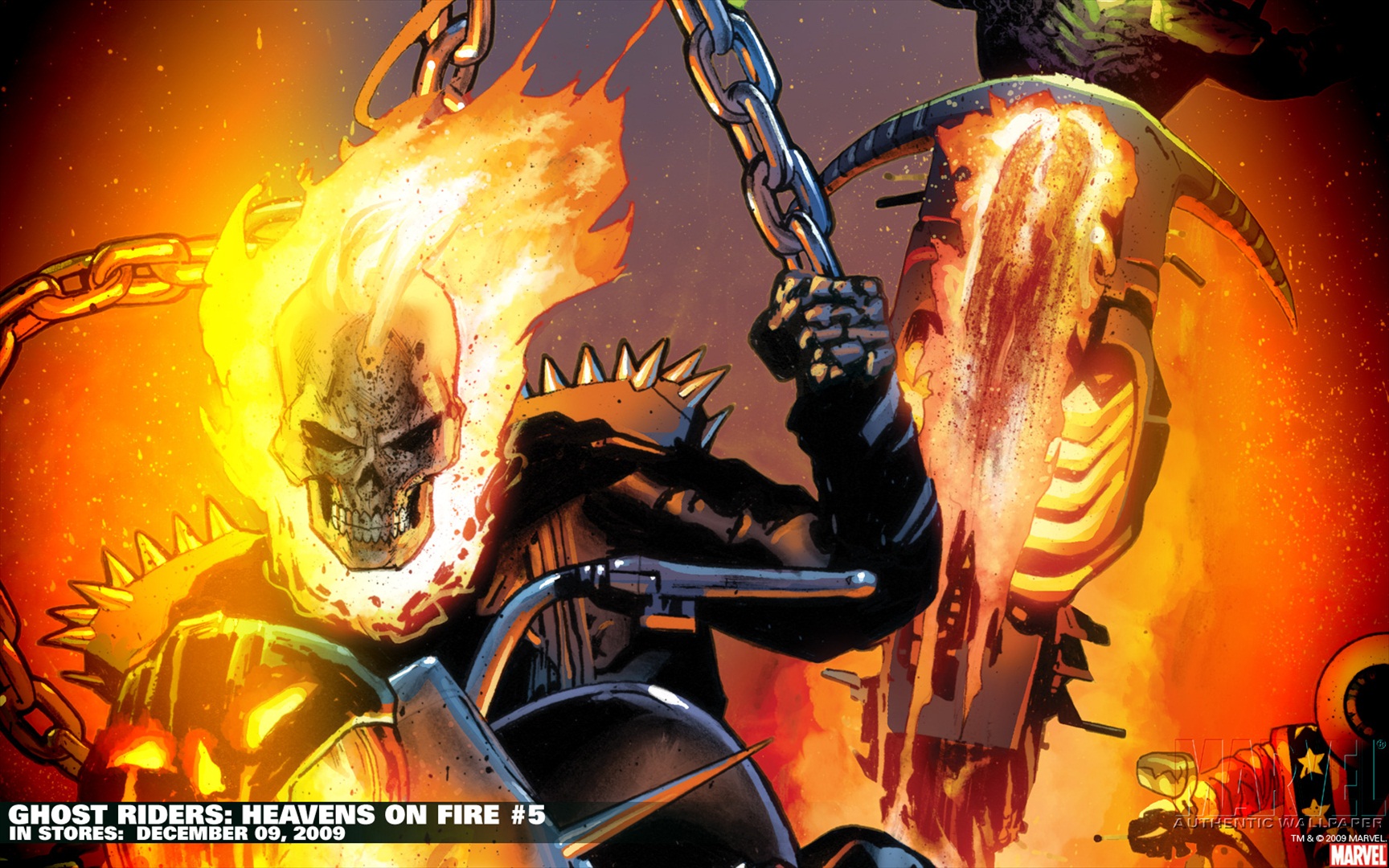 Ghost Rider in action with fiery motorcycle. Intense comic book-inspired desktop wallpaper.