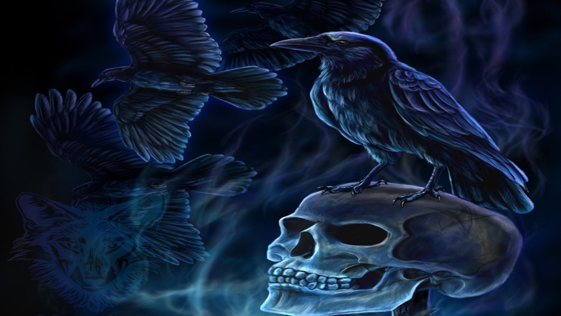 A dark HD wallpaper featuring a skull crowned by a raven, surrounded by swirling mist and flying crows, creating a haunting and mystical atmosphere.