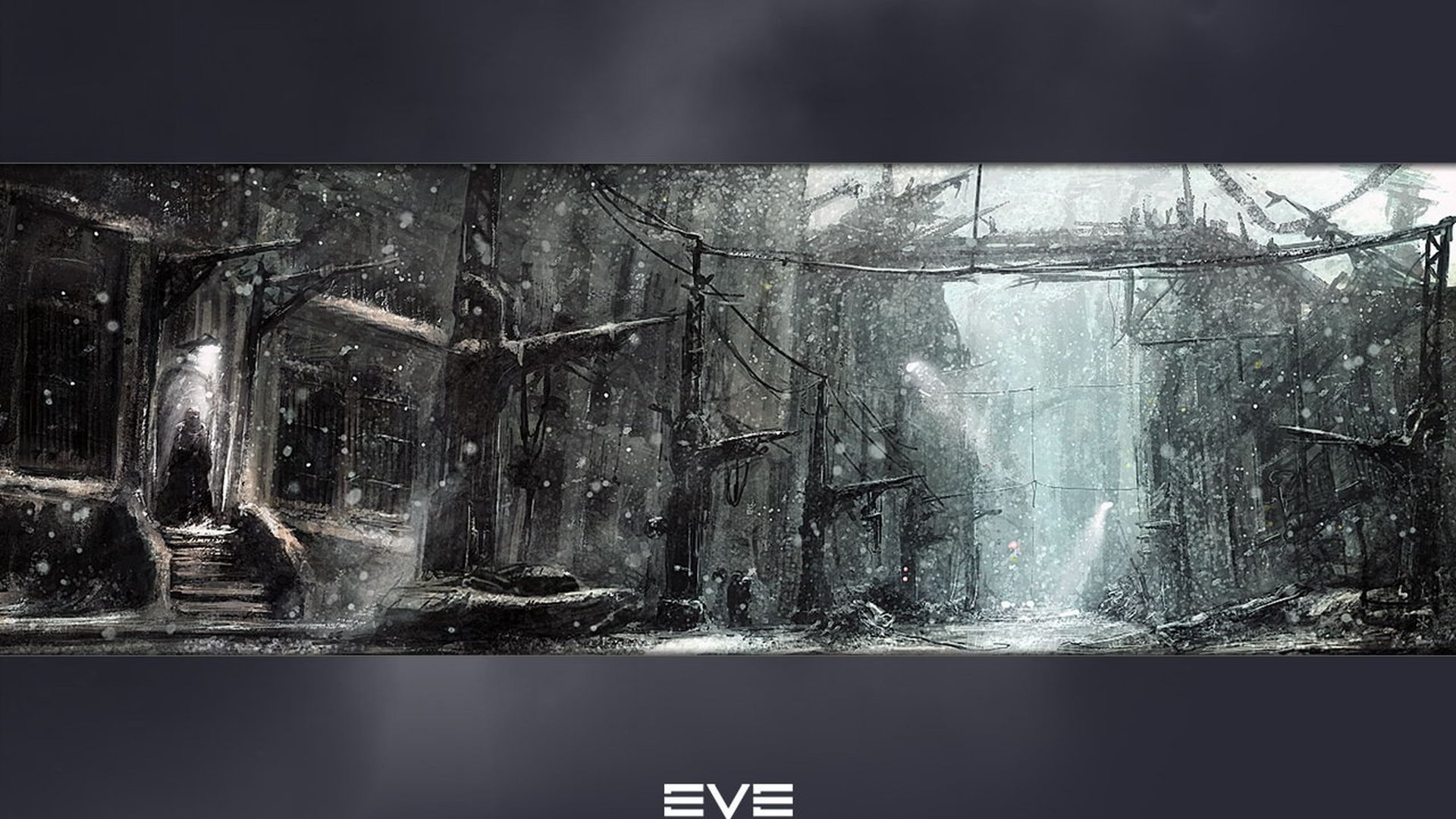 EVE Online video game HD PC desktop wallpaper/background: panoramic snowy ruined cityscape with crumbling bridges and a misty waterfall, atmospheric sci-fi scene.