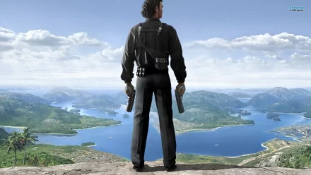 HD PC desktop wallpaper of the video game Just Cause: protagonist stands on a cliff with dual pistols, overlooking tropical islands, ocean and a cloudy sky.