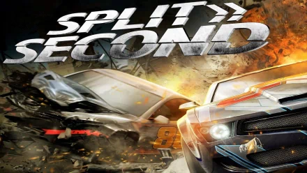 HD PC desktop wallpaper of the video game Split Second: explosive racing scene with two muscle cars colliding beneath the game's logo.