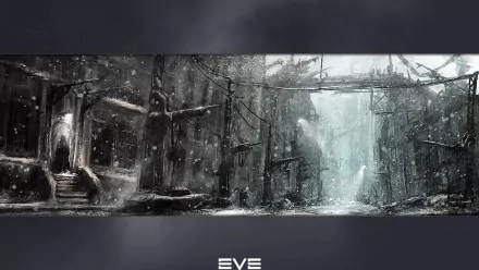 EVE Online video game HD PC desktop wallpaper/background: panoramic snowy ruined cityscape with crumbling bridges and a misty waterfall, atmospheric sci-fi scene.