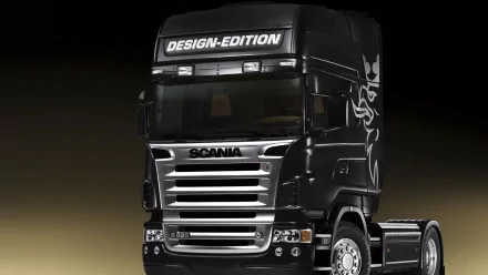 HD desktop wallpaper featuring a sleek black Scania truck tractor with DESIGN-EDITION branding against a dark background.