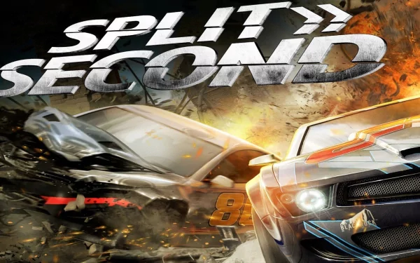 HD PC desktop wallpaper of the video game Split Second: explosive racing scene with two muscle cars colliding beneath the game's logo.