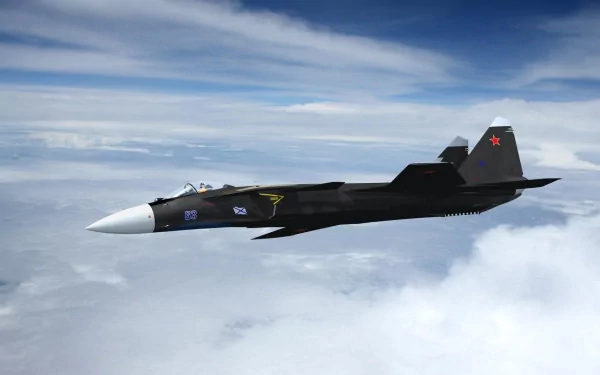 HD desktop wallpaper featuring a military Sukhoi Su-47 jet soaring above the clouds against a blue sky backdrop.
