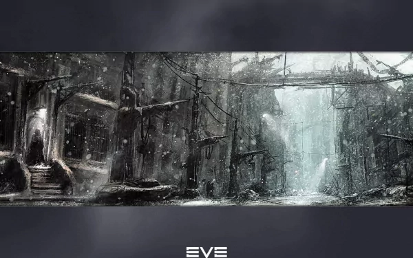 EVE Online video game HD PC desktop wallpaper/background: panoramic snowy ruined cityscape with crumbling bridges and a misty waterfall, atmospheric sci-fi scene.