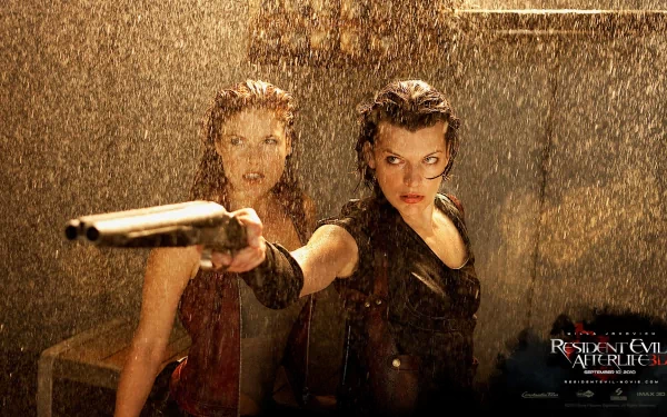 Ali Larter and Milla Jovovich stand defiantly in a scene from Resident Evil: Afterlife, captured in a dramatic, high-definition wallpaper with a rain-soaked backdrop.