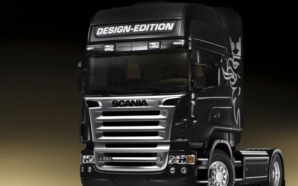HD desktop wallpaper featuring a sleek black Scania truck tractor with DESIGN-EDITION branding against a dark background.