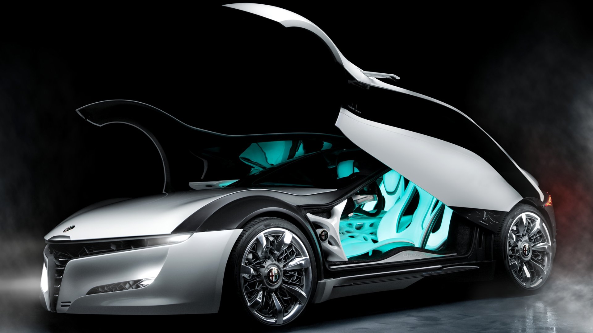 HD PC desktop wallpaper/background: Alfa Romeo Pandion concept vehicle in silver with butterfly doors open, revealing a glowing cyan interior.