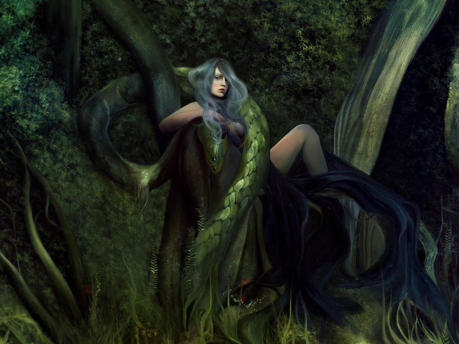 A fantasy-themed HD desktop wallpaper featuring a woman entwined with a serpent amidst a lush, mystical forest, embodying an enchanting and otherworldly atmosphere.
