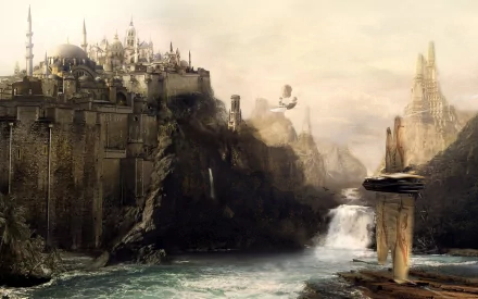 HD desktop wallpaper featuring a fantasy city perched atop cliffs, overlooking a cascading waterfall with a ship sailing the river below. The image exudes a mythical and enchanting ambiance.
