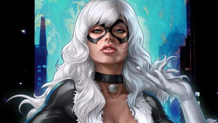 HD desktop wallpaper featuring Black Cat from Marvel Comics, showcasing her striking appearance and confident pose against a vibrant background.