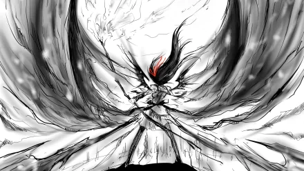A dramatic HD wallpaper featuring Homura Akemi from the anime Puella Magi Madoka Magica, showcasing her in an intense, stylized pose surrounded by swirling dark colors.