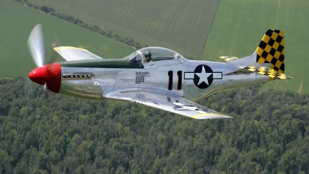 A striking HD wallpaper featuring a military aircraft soaring above lush green landscapes, showcasing its polished design and vibrant checkerboard tail.